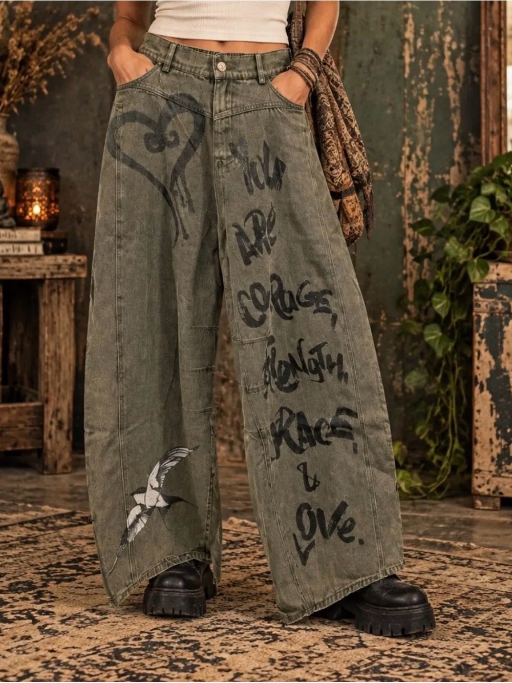 A Rare Bird - Brave Wide-Leg Olive Green Graphic Jeans